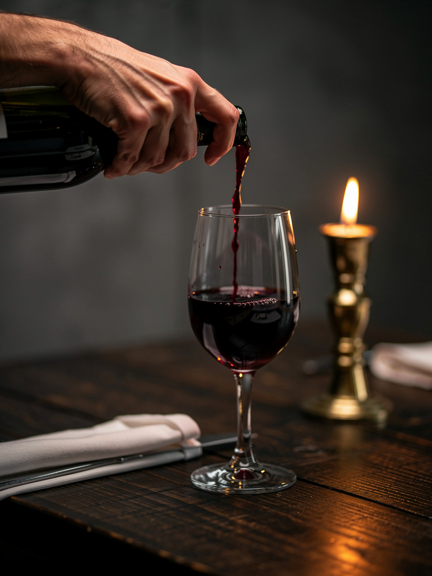 Tiefroter italienischer Wein wird bei Kerzenlicht in ein Glas auf einem dunklen Eichentisch eingeschenkt