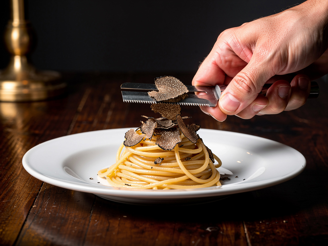 Frische Tagliolini mit schwarzem Trüffel, dünn über den Teller gehobelt